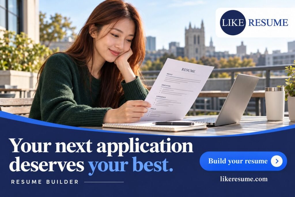Young woman checking her ATS-friendly resume printout next to a laptop on a city balcony