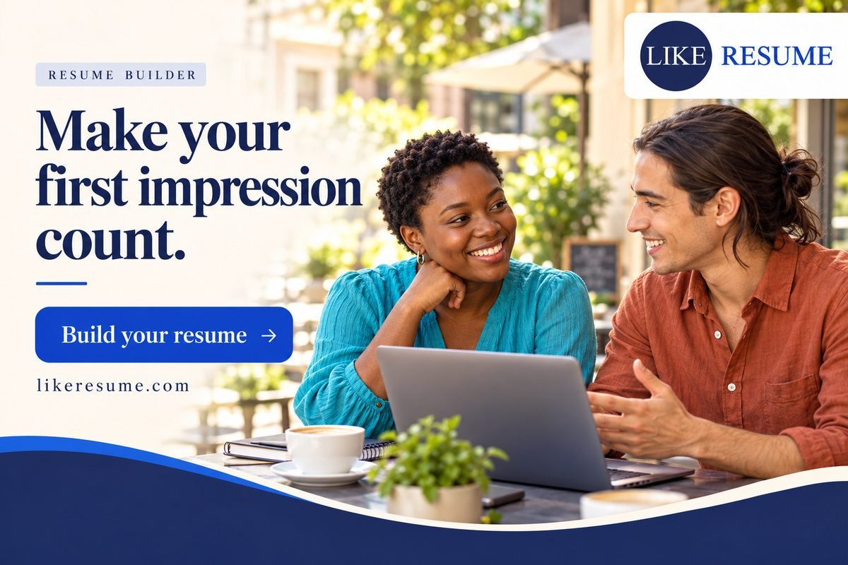 Two young professionals smiling while writing a resume on a laptop at a sunny café